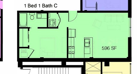 Floor plan for 1 bed, 1 bath, 587 sqft